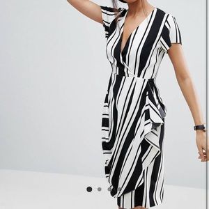ASOS drape and waterfall skirt dress in black and white stripe. US 4